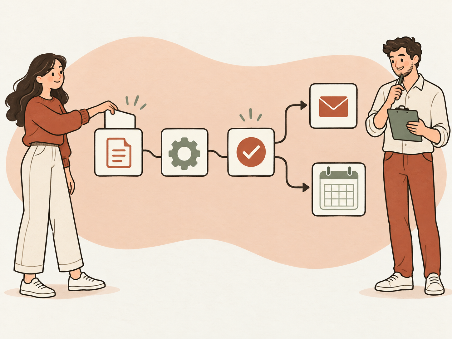 A request moves through an automated workflow to email and scheduling