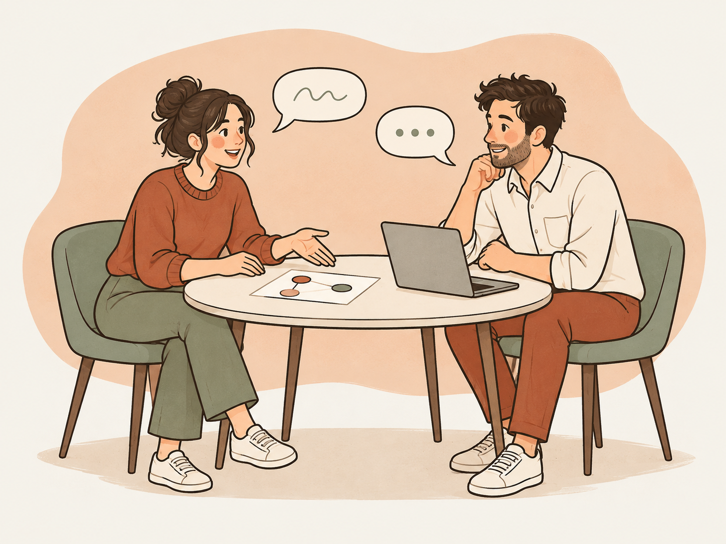 Two collaborators discuss a project around a laptop and workflow sketch