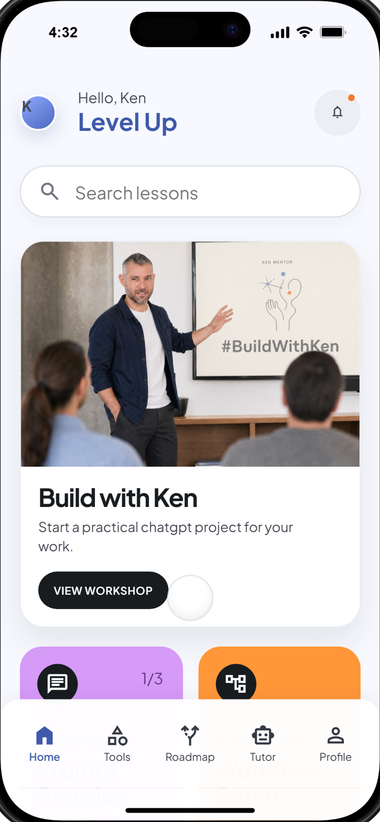 Ken Mentor mobile home screen from the published product case study