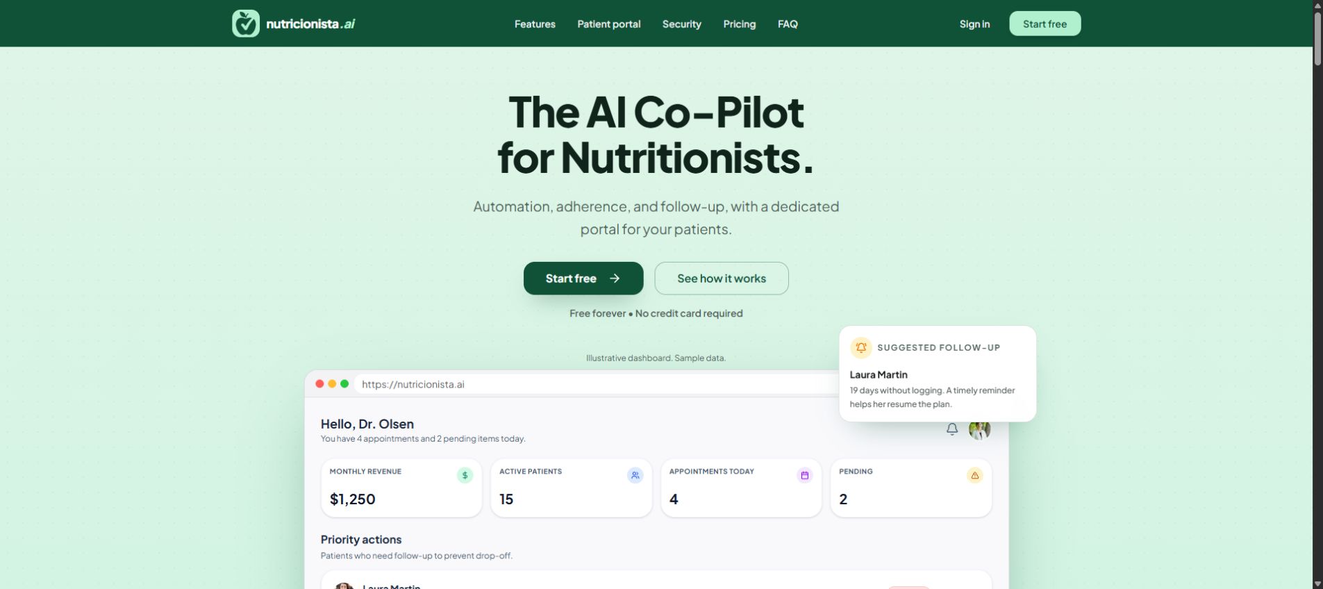 Capture of the Nutricionista.ai public landing with an illustrative practice dashboard